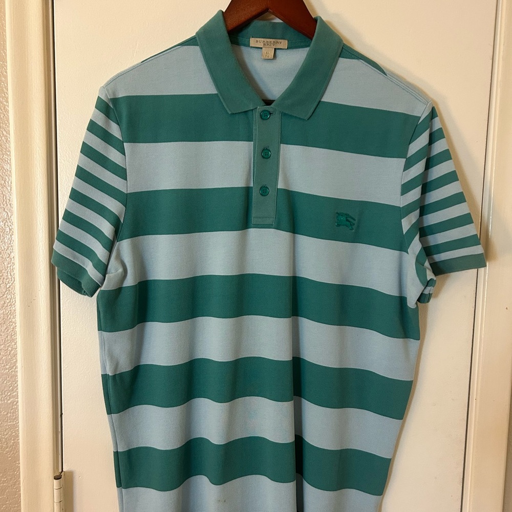 Burberry Men's Polo Shirt - Teal and Light Blue Stripes